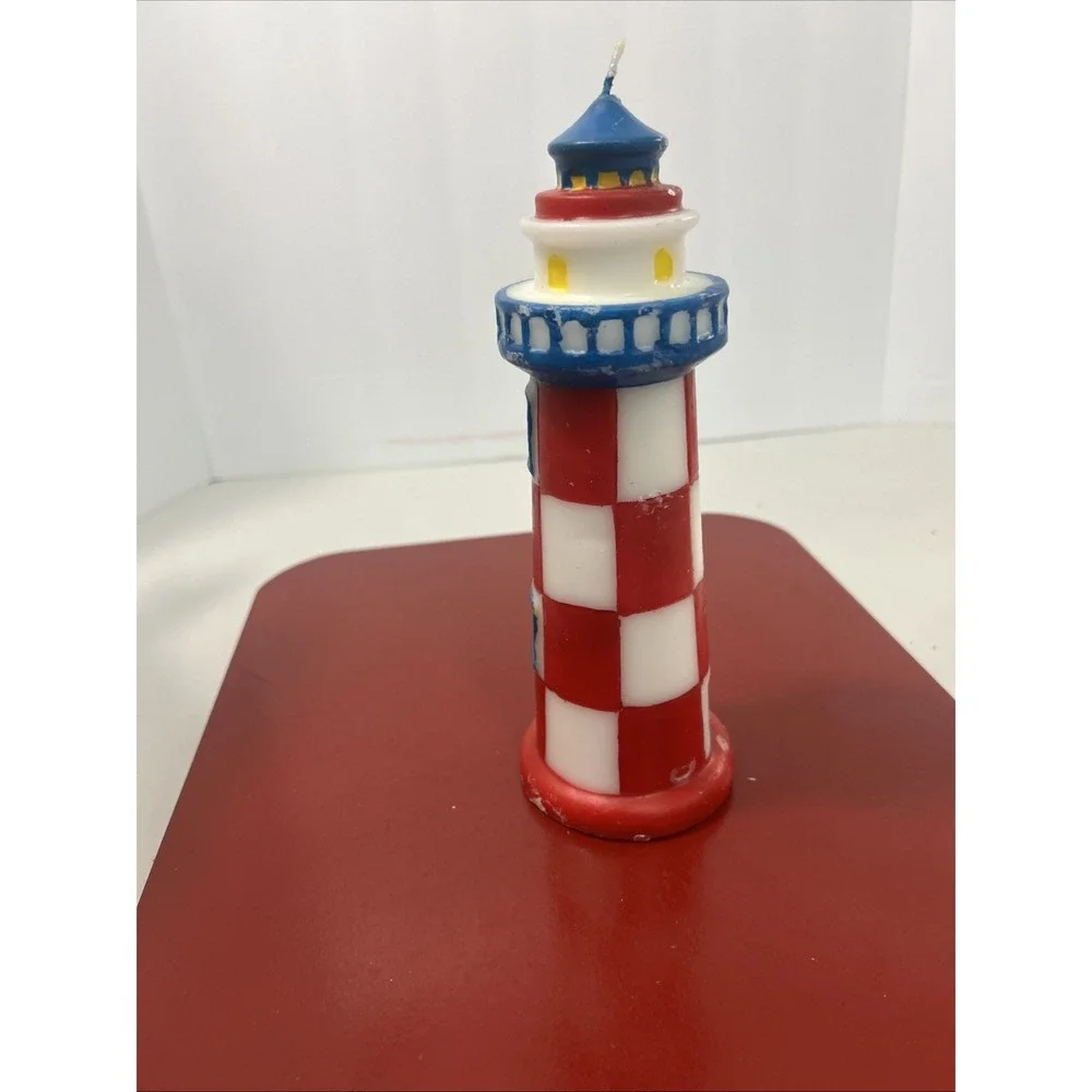 Vtg Lighthouse‎ Wax Candle Figurine Red/Blue/White 9